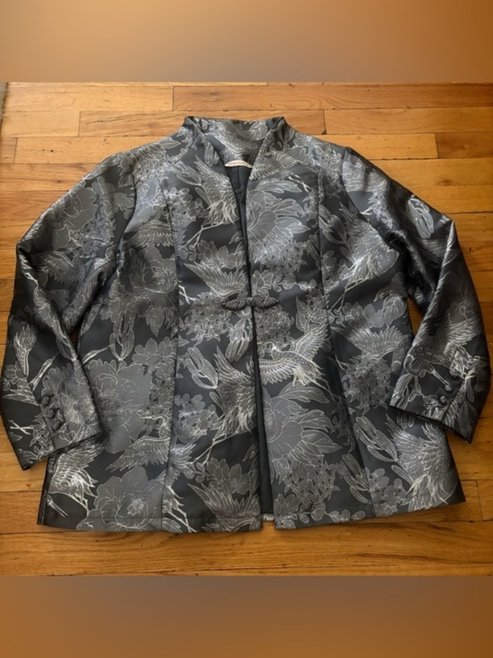 Soft Surroundings Metallic Floral Crane Jacket Kimono Black Gray Size XL P